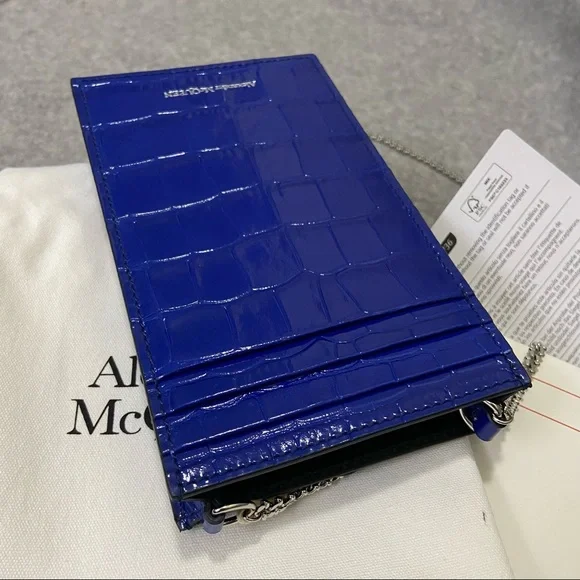 SOLD NWT $690 Alexander McQueen Skull Croc Leather Phone Bag Royal Blue - Picture 11 of 16